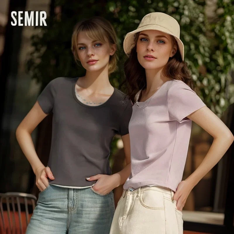 Semir Short-Sleeved T-Shirt For Women Short And Slimming Faux Two-Piece Elegant Regular Shoulder New In 2024 Summer