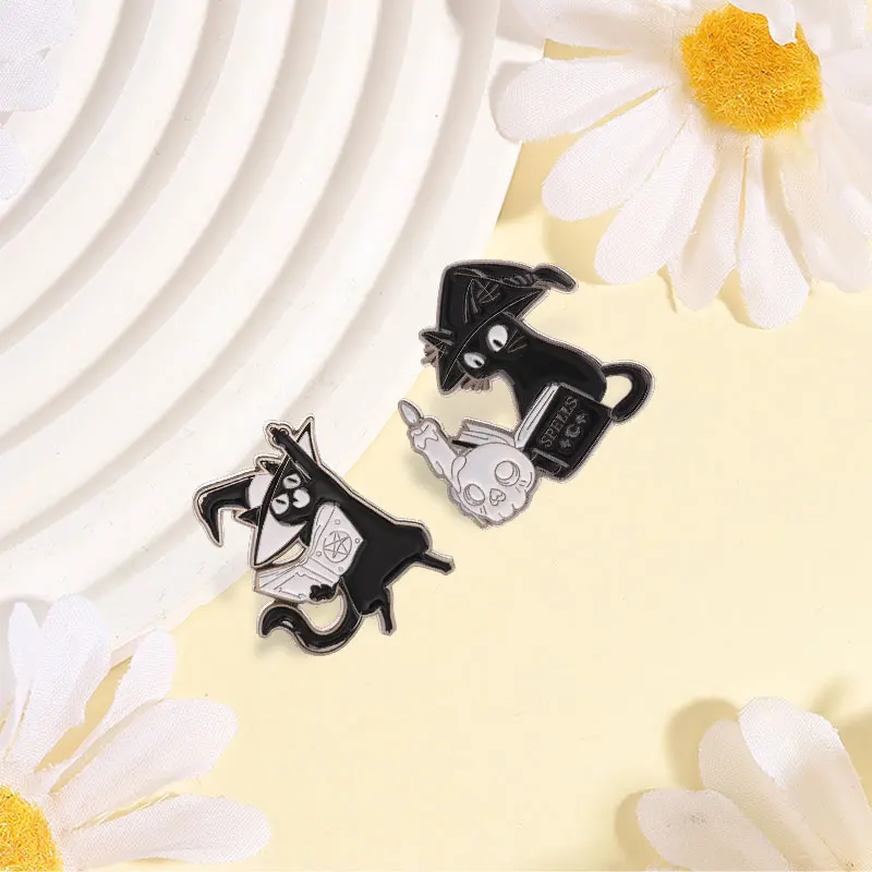 Wizard Magic Black Cat Study Spell Book Enamel Pins Mystical Wizard Cat Spellcasting Magic BPunk rooch Lapel Badge Jewelry Gifts