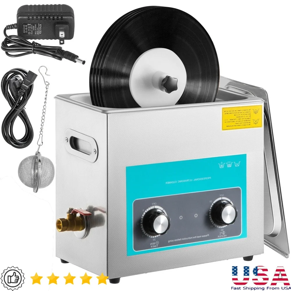 

Ultrasonic Vinyl Record Cleaner 6L Stainless Steel Machine 40kHz Deep Clean Adjustable Time Temperature Perfect Jewelry Glasses