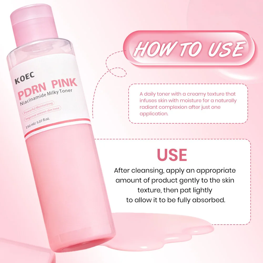 KOEC Toner leitoso rosa PDRN e niacinamida 150g, essência facial calmante e iluminadora para pele hidratada e uniforme