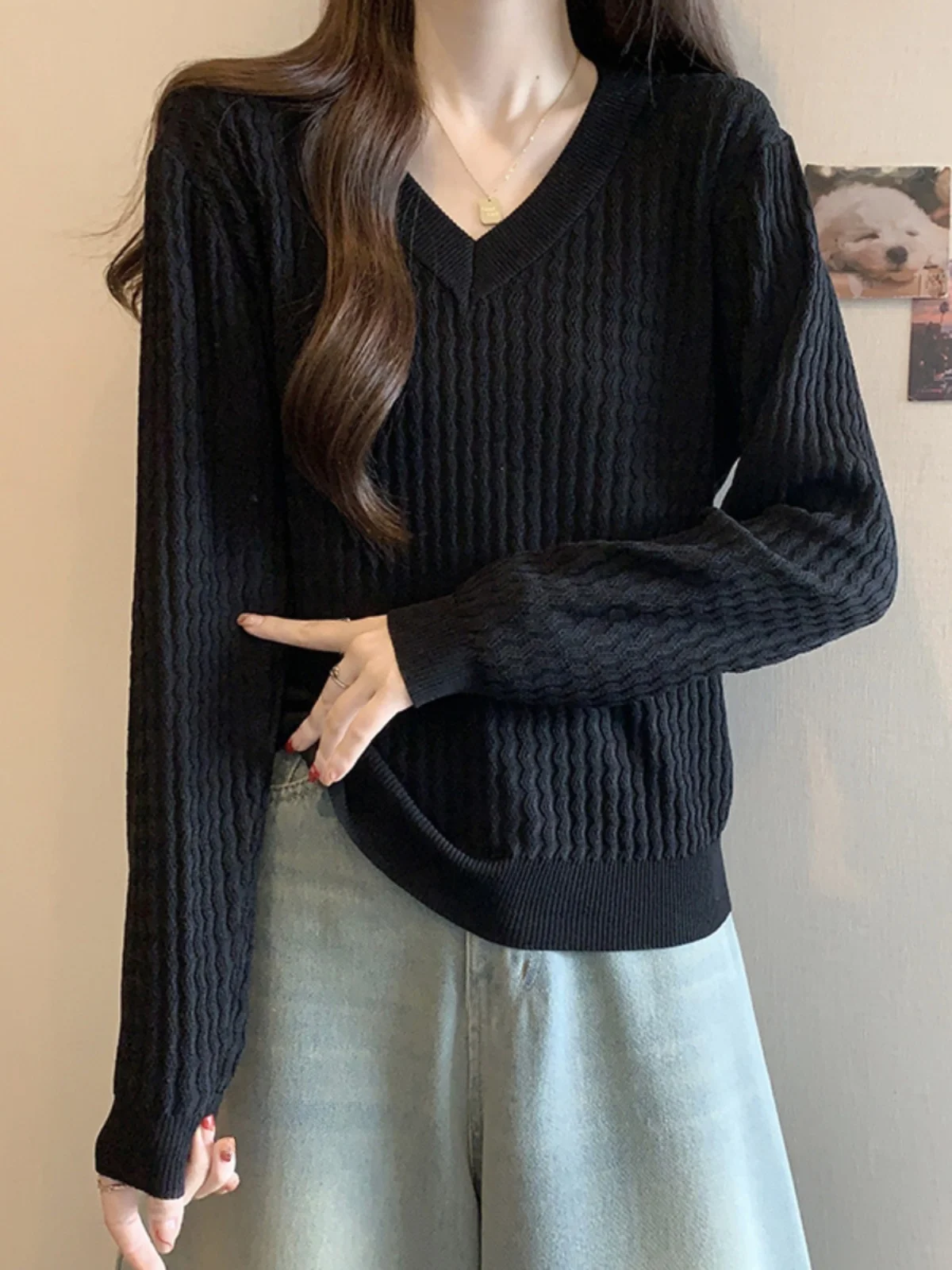 Suéter suelto de punto V-Ne para mujer Otoño Invierno Faion capa Base adelgazante irt coreano Sle largo Sve Color