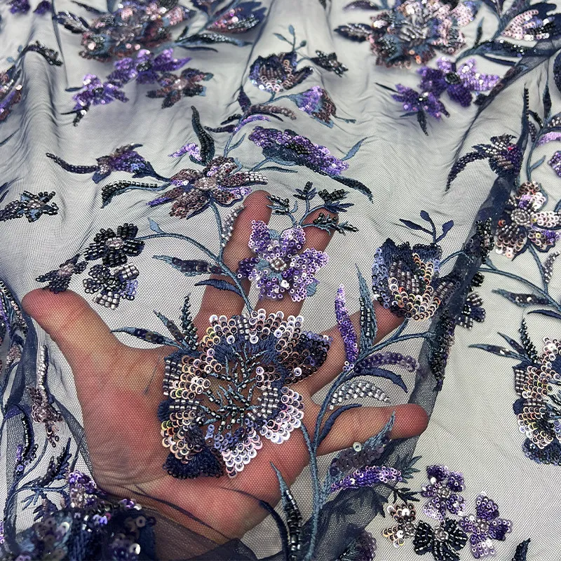 French Mesh Beaded Tube Sequin Embroidery Fabric for Fashion Wedding Dress Clothing Diy Cloth By The Yard Sewing Material