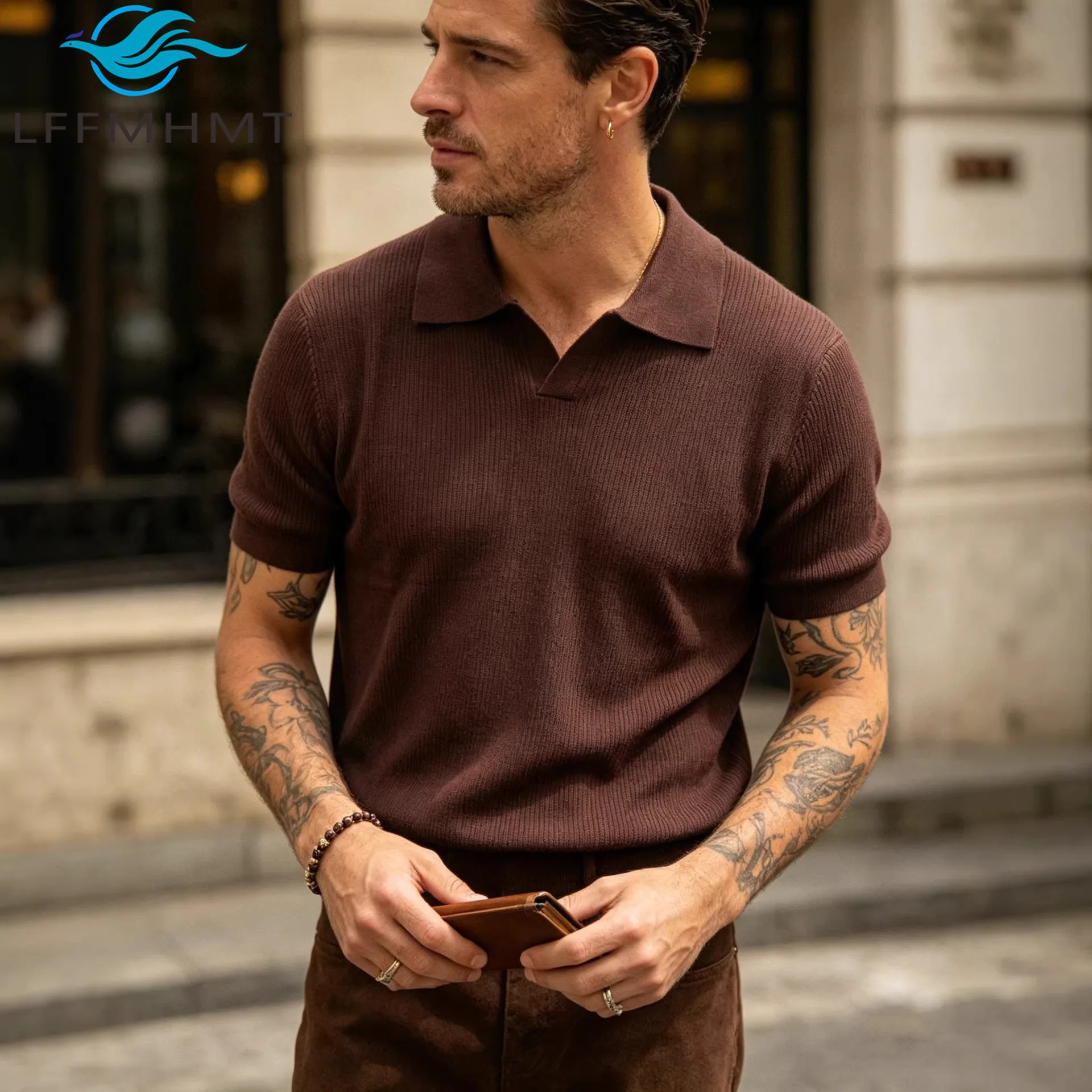 

100% Cotton Good Quality Men's Polo Shirt Summer Fashion Old-money Style Short Sleeve Striped Texture Knitting T-shirt Male
