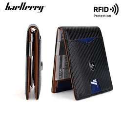 Cartera minimalista para hombre, tarjetero de cuero cruzado con doble pliegue, antirrobo, RFID, baellerry, novedad