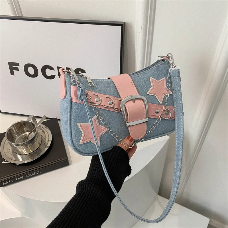 Contrast Color Star Women\'s Shoulder Bag Retro Chain Y2k Hot Girls Underarm Bags Metal Decoration Ladies Small Clutch Handbags