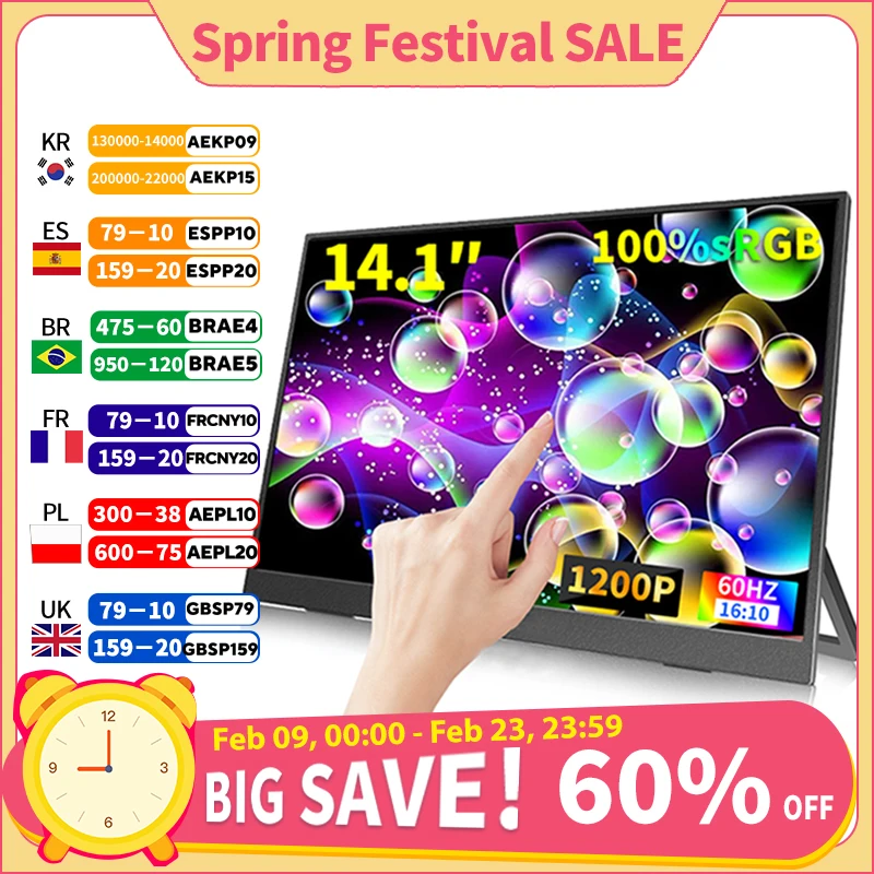 Moniteur Portable à écran tactile de 14.1 pouces, 100% sRGB, 400cd/m2, pour ordinateur de jeu, affichage extensible pour XBox PS4/5 Switch Loptop