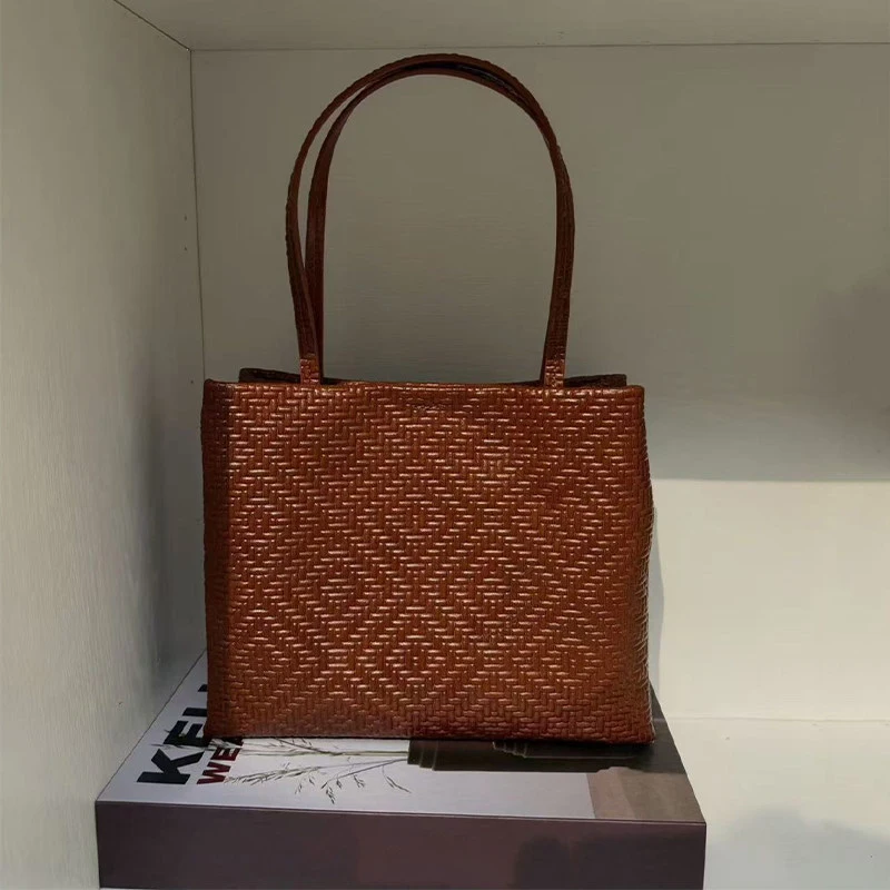 Mendy Genuine Leather Woven Pirnt Grain Tote Bag Open Top Large Capacity Shopping Commute Work Office Luxury Designer Origina view 3
