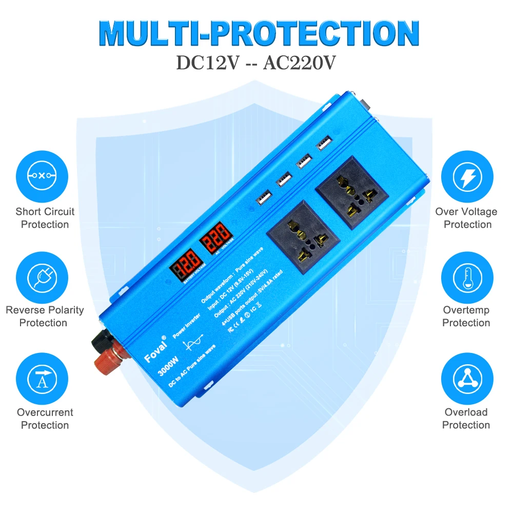 3000W Car Power Inverter DC 12V To AC 220V Transformer with 4 USB UN EU Socket Charger Pure Sine Wave Inverter