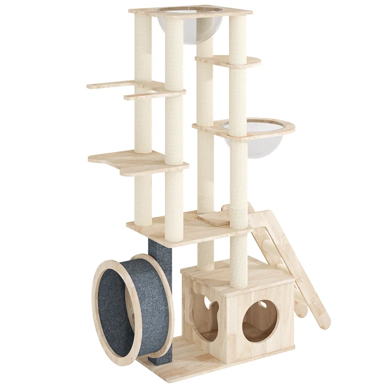 ZRTS Cat Tree House Solid Wood Cat Climbing Tree Tower Running Wheel Furniture Indoor With TreadmillZ