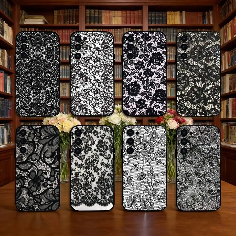 Black lace print Phone Case For Samsung S25,S24,S21,S22,S23,S30,Ultra,S20,Plus,Fe,Soft Silicone Black Cover