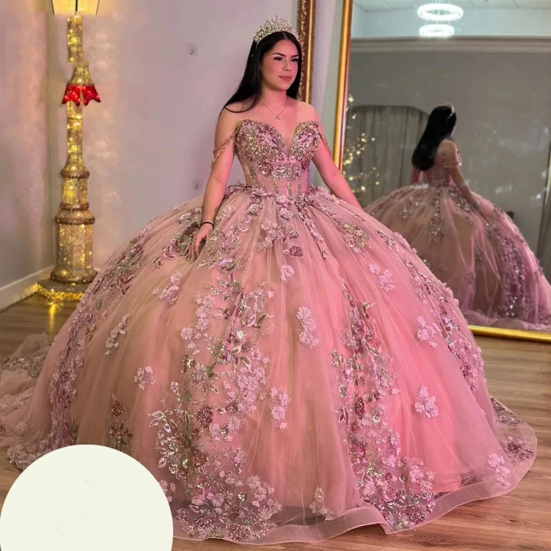 

Pink Princess Sequined Appliques Lace Quinceanera Dresses Ball Gown Off The Shoulder Beading Sweet 15 Vestidos De XV Años