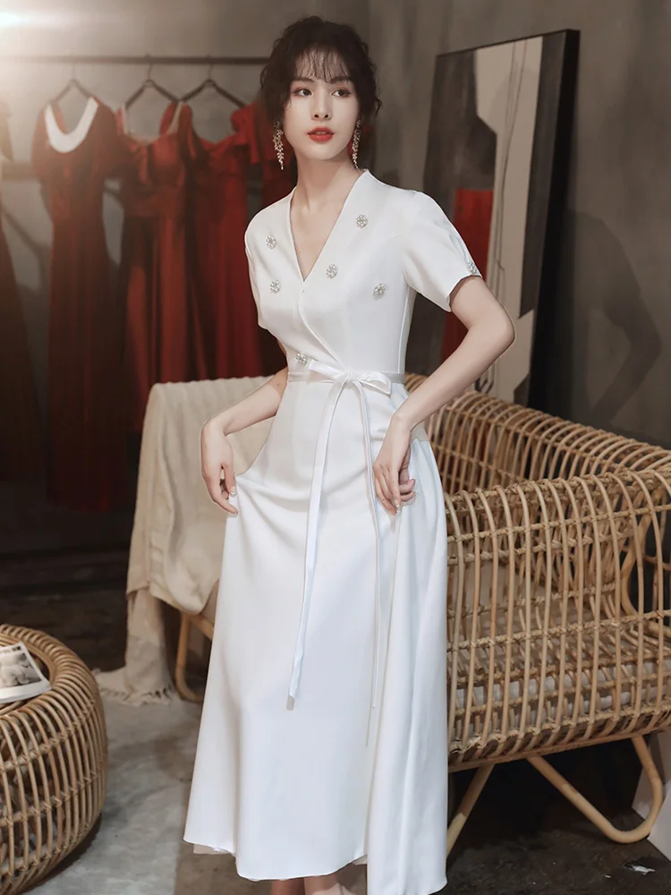 

Новое женское вечернее платье Ele White 2025 для церемоний и торжеств, корейское бальное платье с молнией и жемчужными деталями