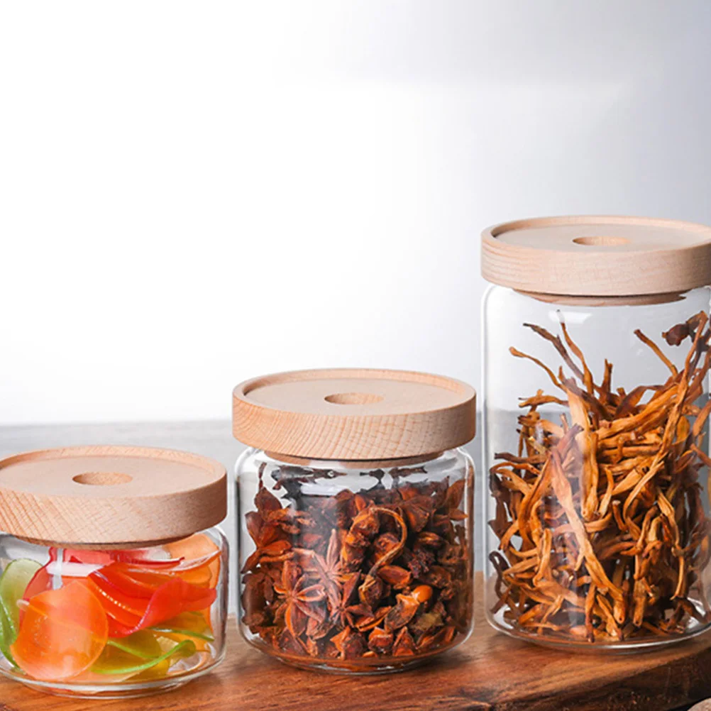 

1pc Beech Wood Lid Glass Storage Jar For Tea Candy Grains Kitchen Seasoning Clear Sealed Food Container Glass Storage Jars