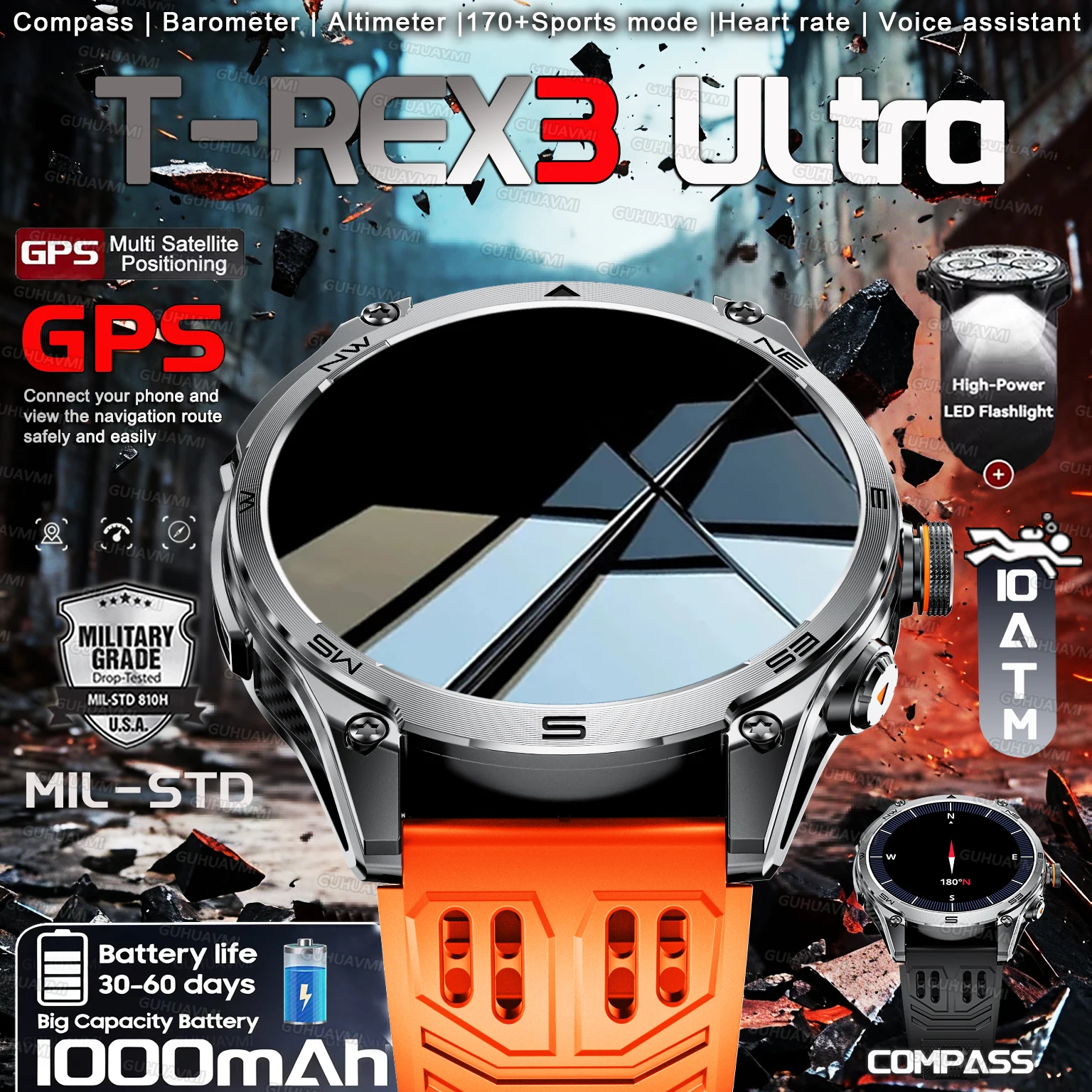 

New T-Rex3 Ultra 1000mAh Battery Smart Watch Built-in GPS Dual-Band GNSS Compass Altimeter 10ATM Waterproof HD call Smartwatch