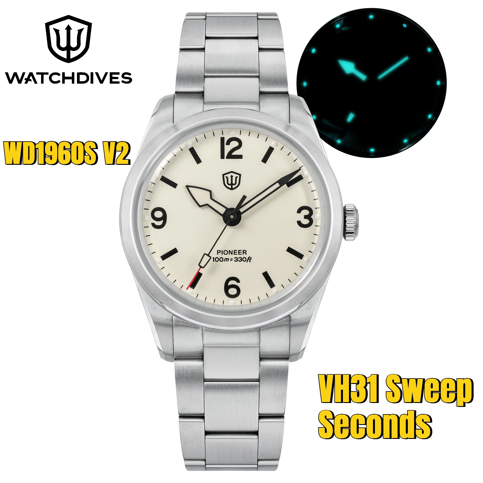 Watchdives WD1960S V2 36.5mm Quartz Watch VH31 Sweep Seconds Vintage Style Sapphire Crystal BGW9 Lume 100M Waterproof Steel