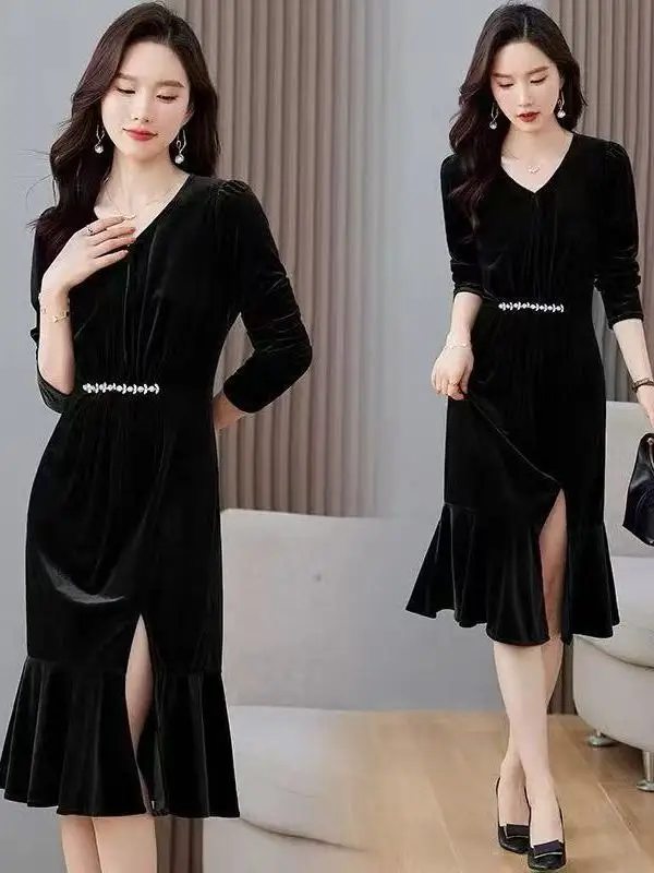 

Ele Velvet Long Sve V-Ne Midi Dr for plus Size Women Spring New Sle Slimming A-Line Dr Ci Commute Casual V...