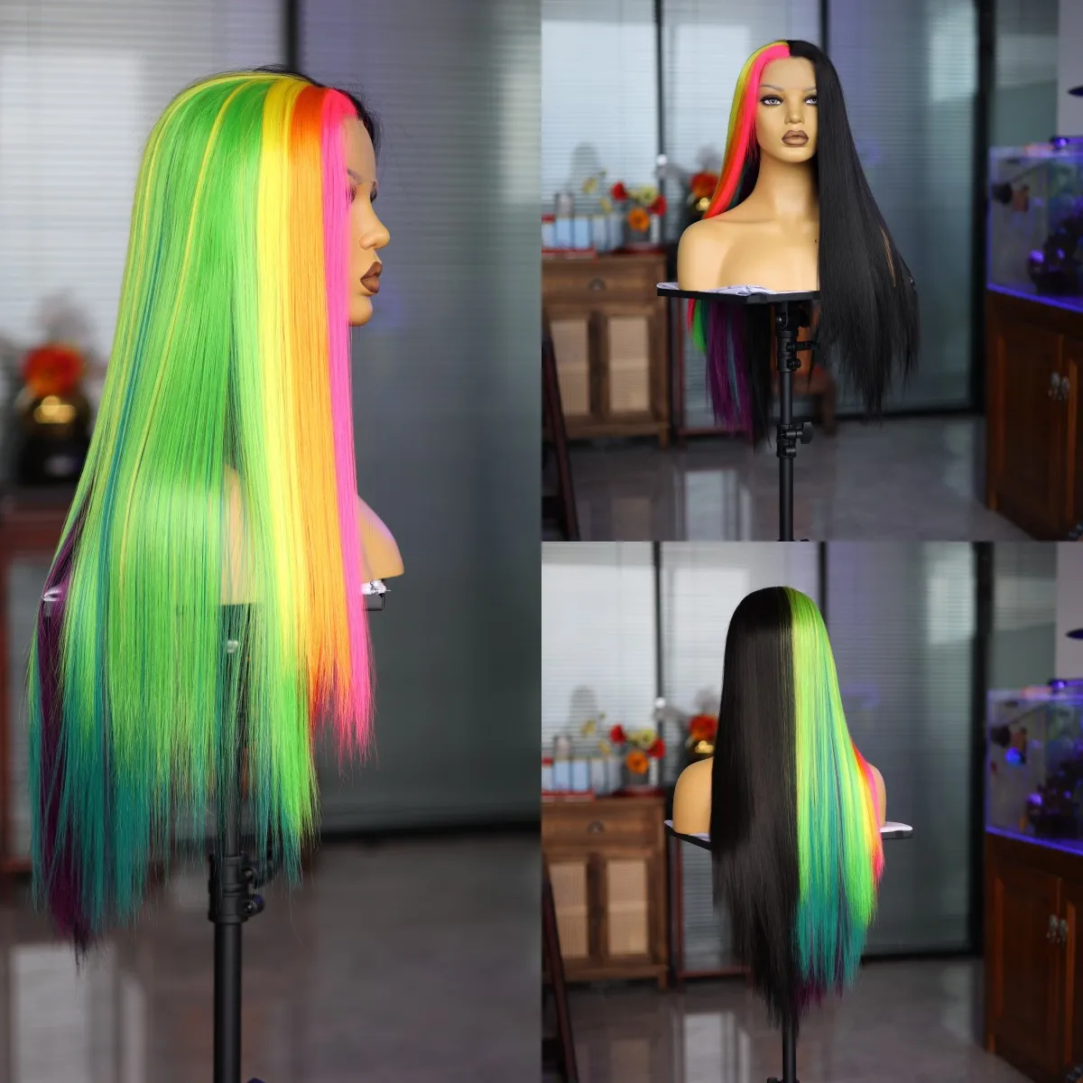 

Rainbow Black 13*4 Front Lace Synthetic Long Straight Hair Wig Net Cap Light Comfortable Breathable Heat Resistant Cosplay Wig