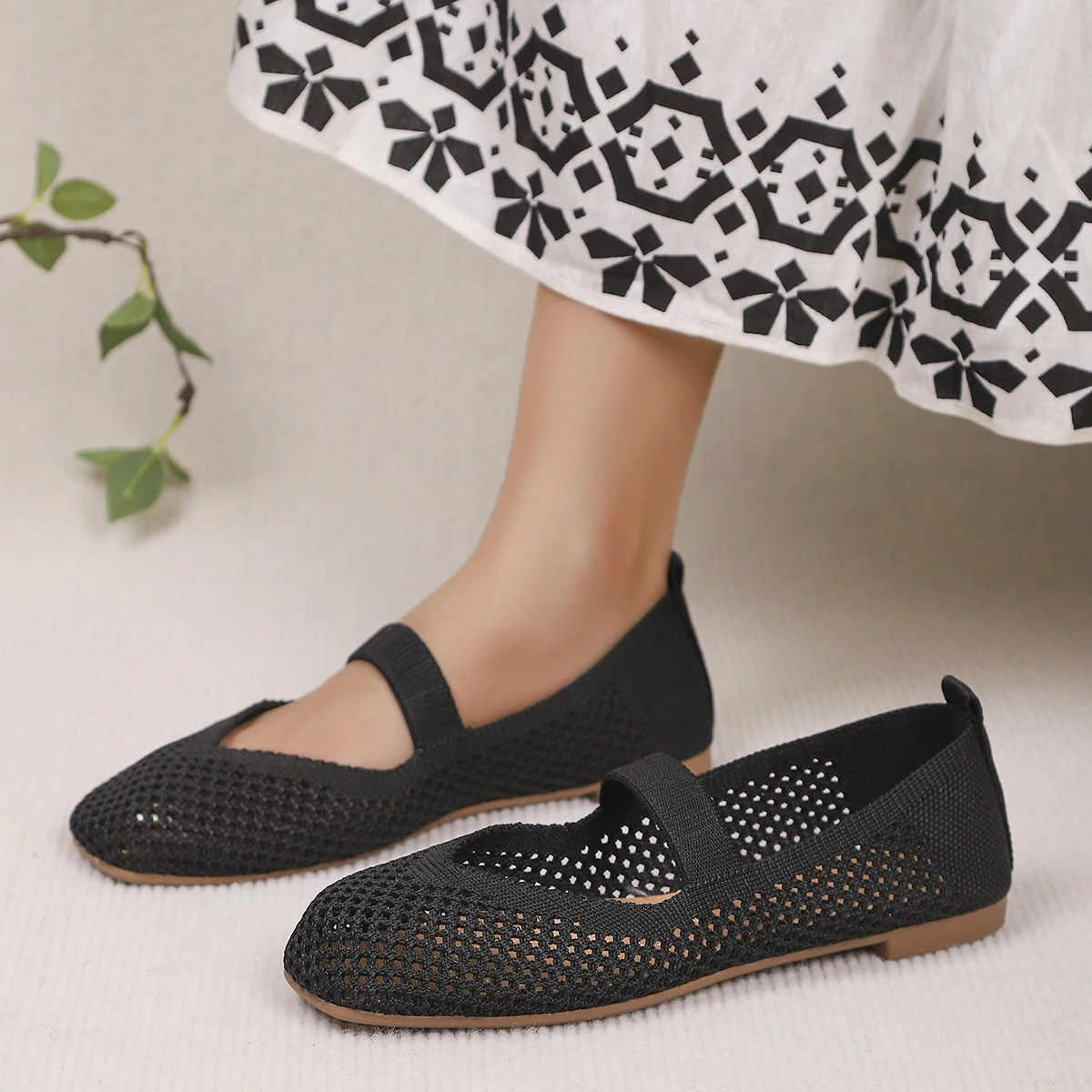 Große Größen Damen-Flachschuhe, Atmungsaktive Gestrickte Sneaker, Weiche Ballett-Loafer, Lässige Slip-On Bootsschuhe für Frauen – Detail 7