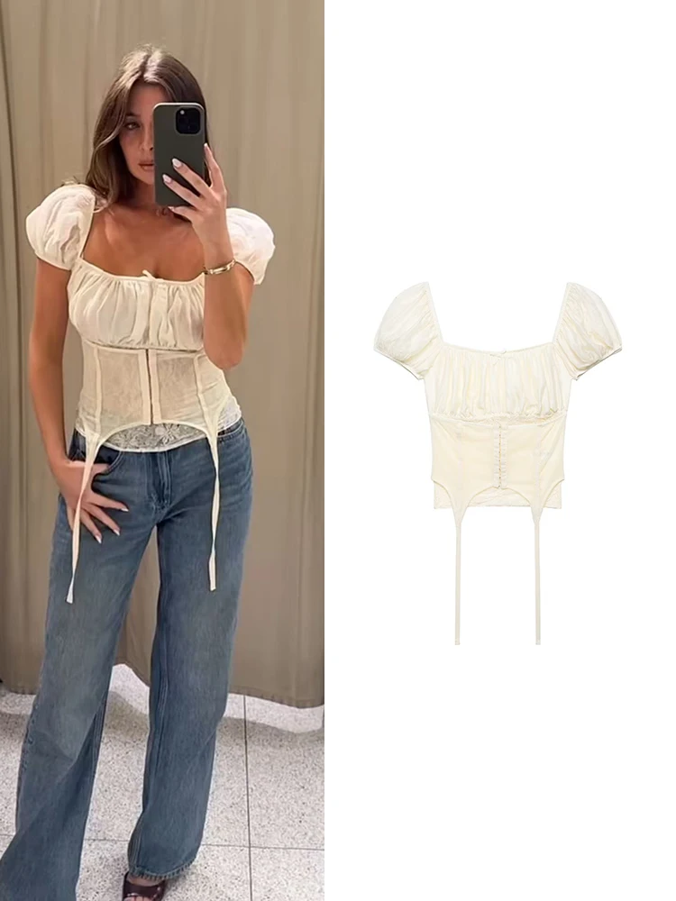 TFMLN 2026 Sexy Korsett-Top für Damen, Spitzenbesetztes Schlankes Kurztop, Sommer Vintage Streetwear mit Quadratischem Kragen und Kurzen Ärmeln