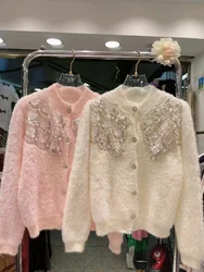 Luxury Style Sequined Beaded Flower Stitch Knitwear Cardigan Coat For Women Autumn Winter 2024 Faux Fur Sweater Outwear Jacket