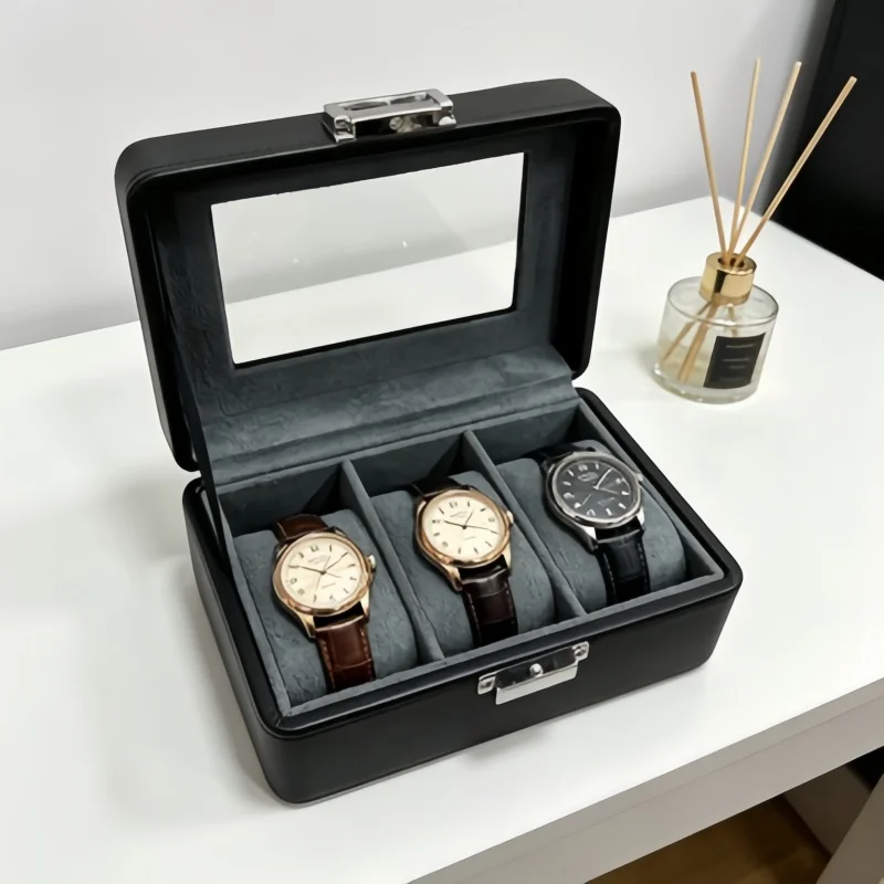 Men's 3 Slot Leather Watch Box with Lock, Luxury Watch Display Organizer + Clear Bracelet Storage Box 2Pcs Set