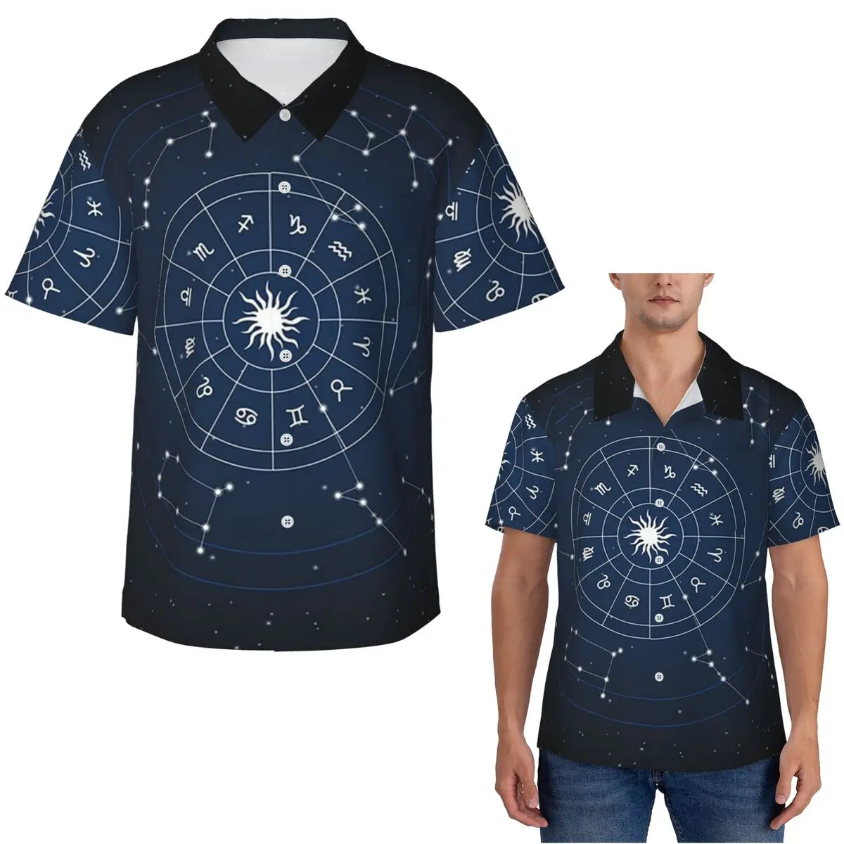 Sternzeichen Sternbilder Weltraum Hawaiian Shirts Lustiges Herren Kurzarmshirt für Sommer Strand Herren Button Tops