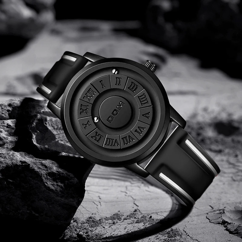 DOM 1345 Herren-Quarzuhr, Plattenspieler, magnetische Magnetperlen, Metallkugel, Kreis, Herrenuhren, Silikonband, kreative männliche Uhr