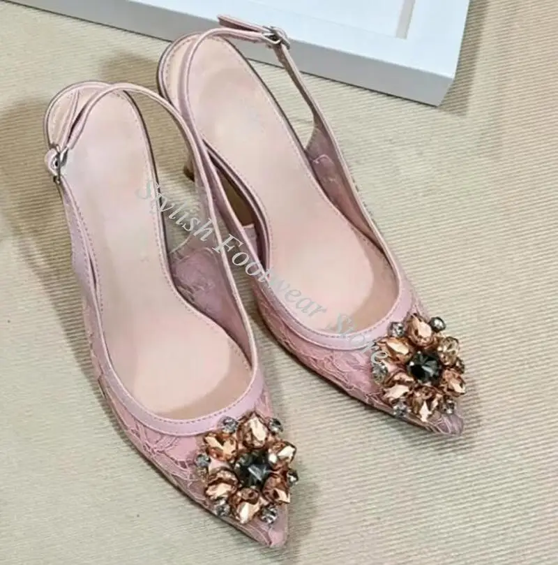 Summer Rhinestone Flower Slingbacks Floral Lace Sandals Pointed Toe Crystal High Heels Back Strap Woman Banquet Pumps Shoes