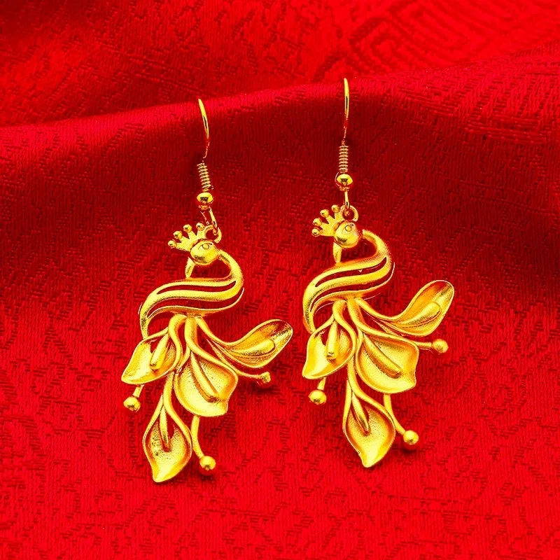Timeless Court Style Peacock Gold Accessory For Women 24K Gold AU999 Evergreen carved court peacock earrings crafted with pure