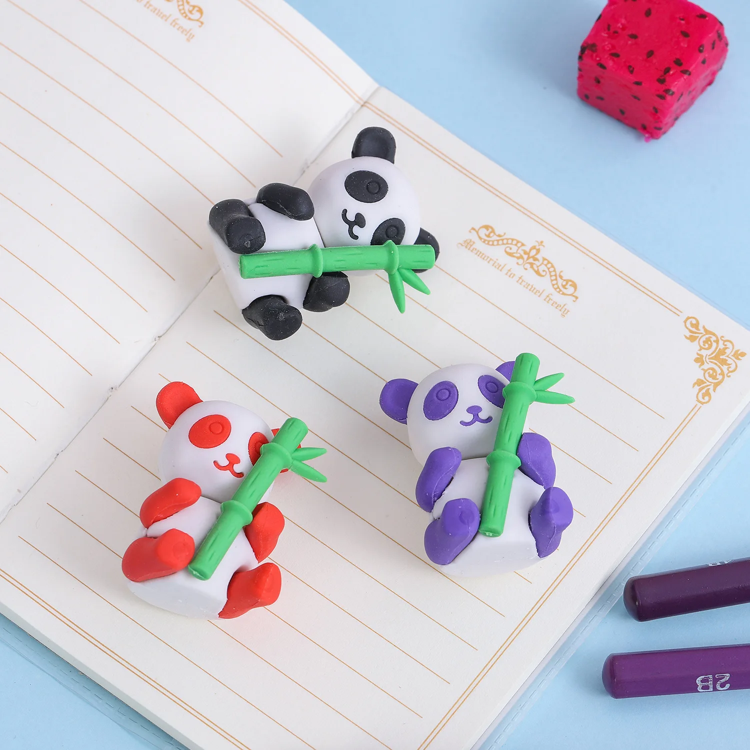 3 Piece Cartoon Cute Panda Bamboo Rubber Eraser Novelty Stationery