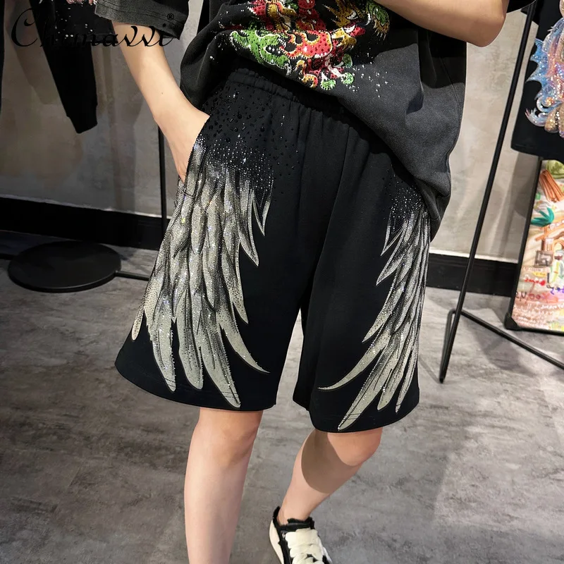 

Light Luxury Women's Casual Shorts 2024 Spring/Summer Heavy Hot Drilling Shorts Fashion Wings High Waist Slim Streetwear Shorts