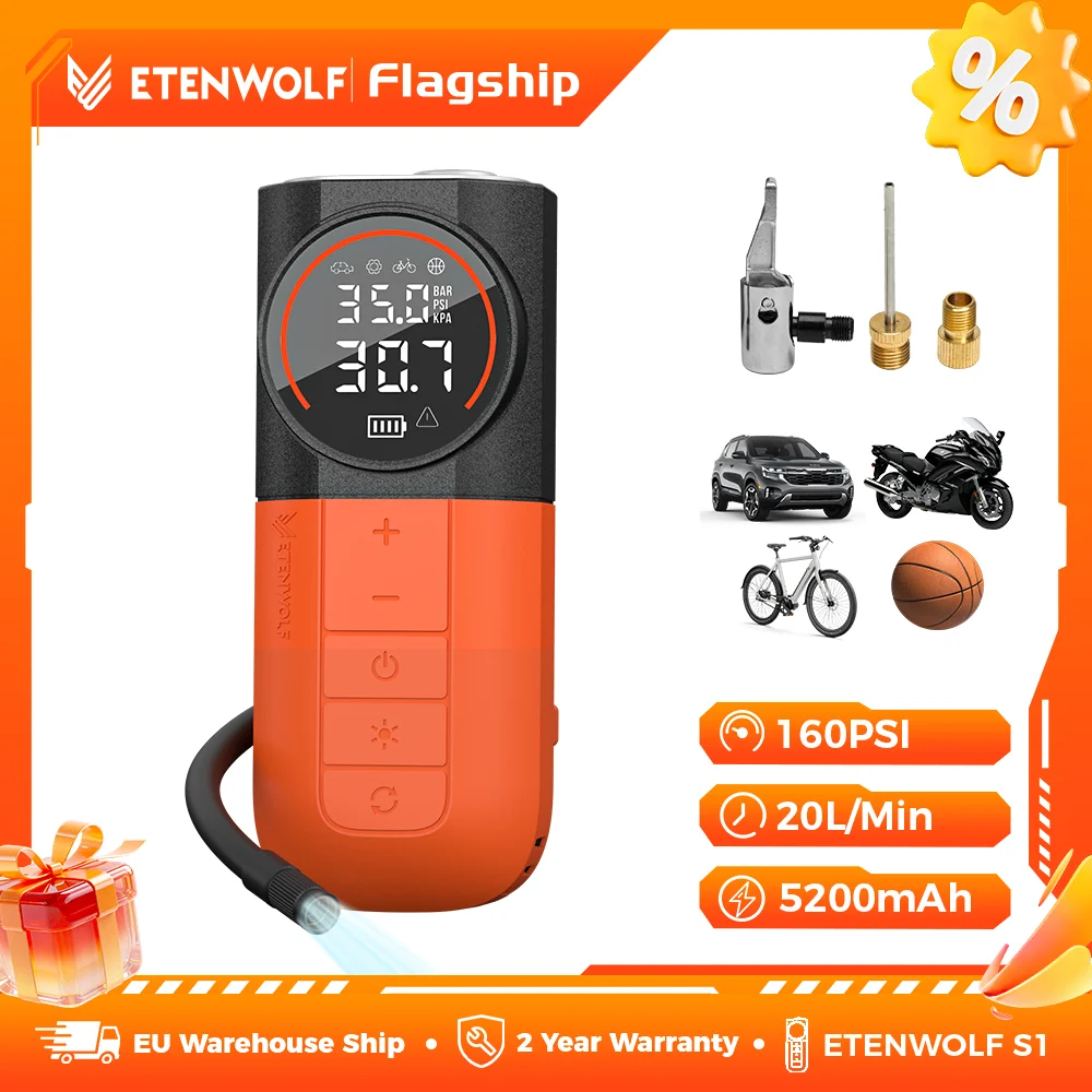 ETENWOLF Tragbarer Reifenfüller, 5200 mAh Akku, schnelles Aufpumpen, Auto-Luftkompressor für PKW, Motorräder, Zubehör, Aufbewahrungsfunktion