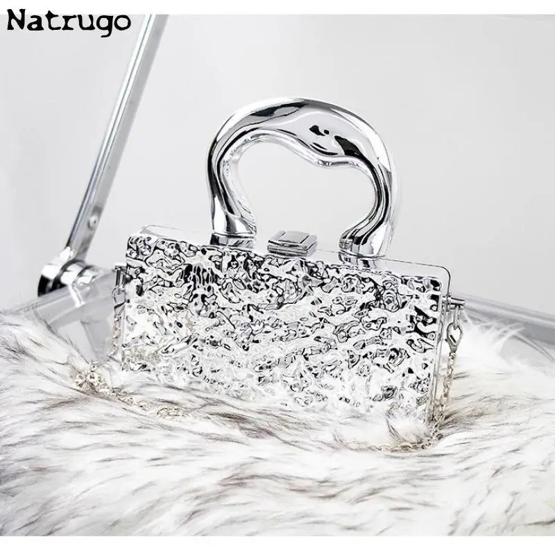 Gold Silvery Acrylic Box Bags Clutch Evening Bag Elegent Chain Shoulder Bag For Women 2024 Handbag For Wedding/dating/party