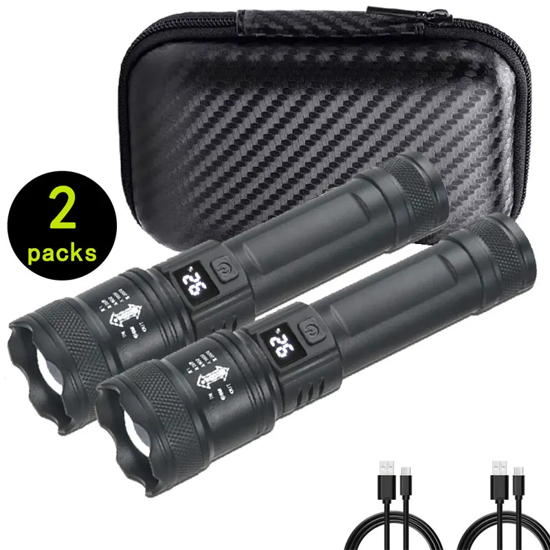 مصباح يدوي محمول قابل لإعادة الشحن مع شاشة LED فائقة السطوع مصباح يدوي تلسكوبي للتكبير والتخييم والمشي لمسافات طويلة مصباح فانوس