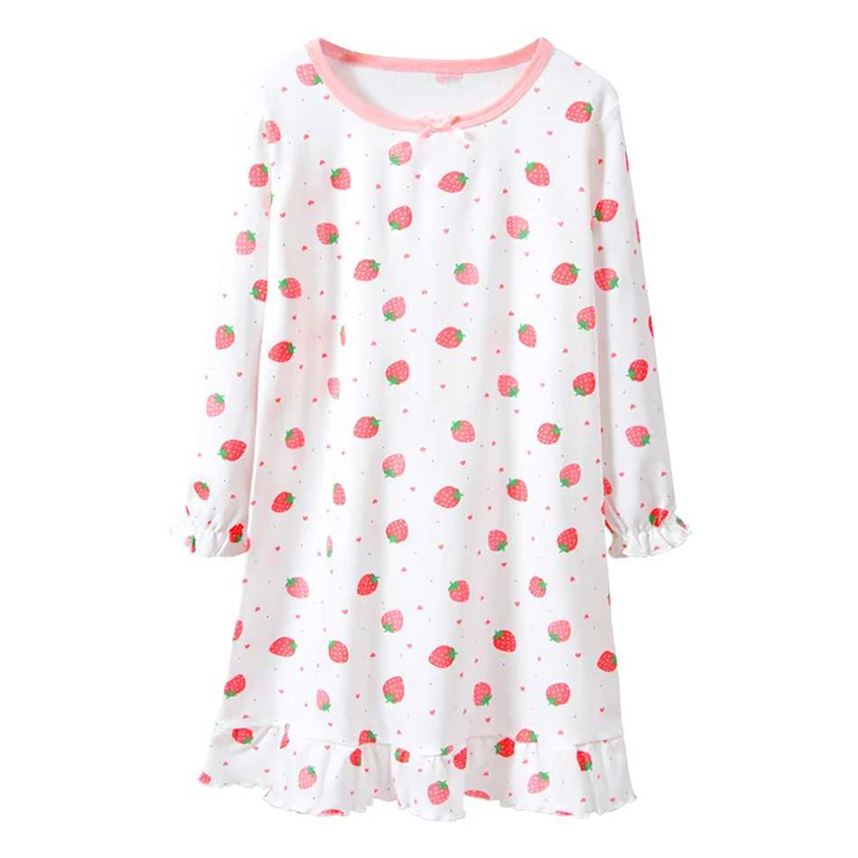 Children Cotton Nightdress Long Sleeve Spring and Autumn Cute Strawberry Printed Comfortable Fit Girls Homewear Sleepwear Dress