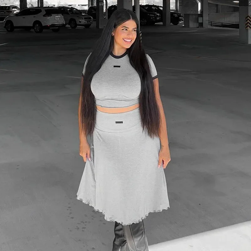 

2025 Spring Summer Women Trend 2 Piece Set Applique O-Neck Short Sleeve T-shirts Crop Tops + A-line Midi Skirts Matching Suits