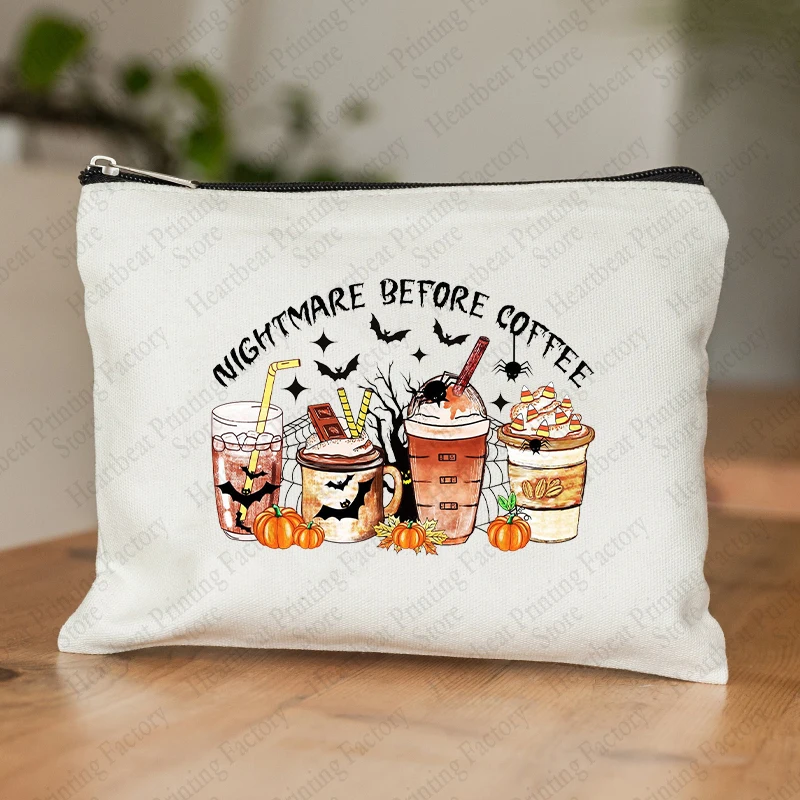 Pumpkin Spice Latte Fall Coffee Pattern Cosmetic Bag Simple Zipper Makeup Bags Multi Toiletry Wash Bag Halloween Gift for Her