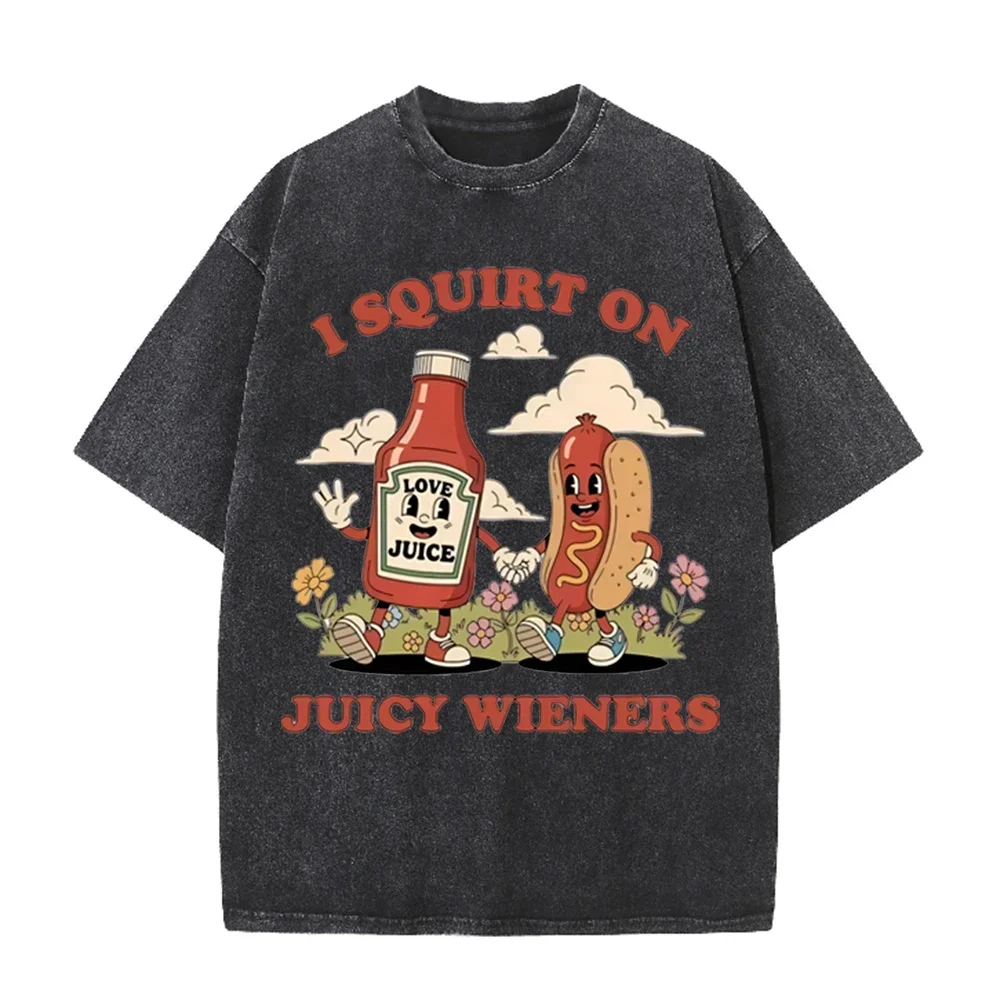 2026 Vintage Cartoon Ketchup Hot Dog Floral Cloud Graphic Black Acid Washed T Shirt Funny Retro Food Oversized Unisex Casual Sho