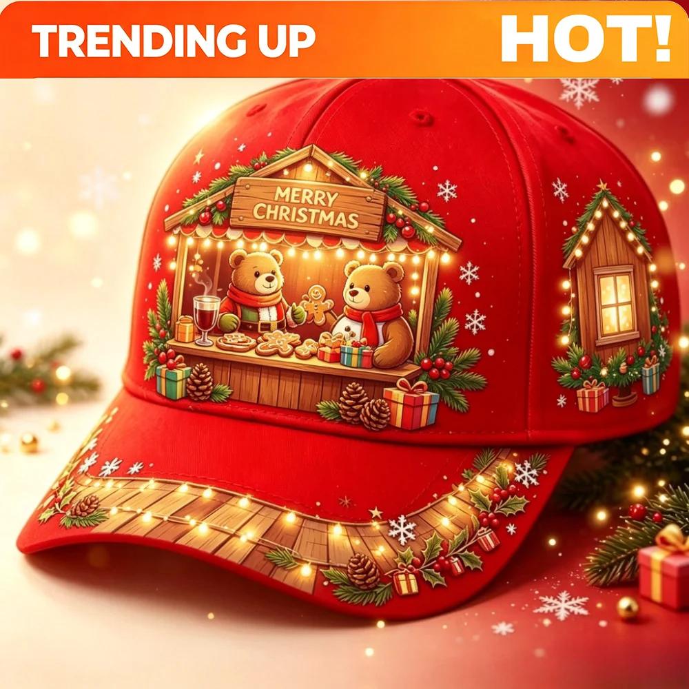 Custom Adult Christmas Trucker Hat with Gingerbread Cabin & Snowflake Pine Cone Print - Adjustable Red Cap Suitable for Xmas