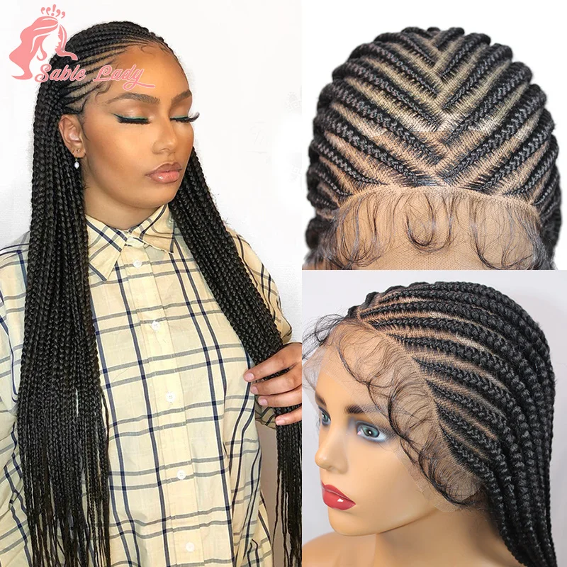 Synthetische Full Lace Box Gevlochten Pruiken Cornrow Gevlochten Pruik Voor Zwarte Vrouwen Knooploze Vlechten Pruik Baby Haar 36 "Transparante Kanten Pruiken