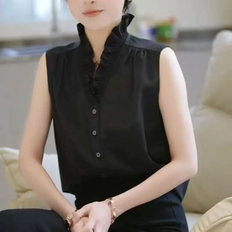 White Sleeveless Ruffles V Neck Elegant Blouse Summer New Solid Simplicity Temperament Shirt Tops Fashion Korean Women Clothing