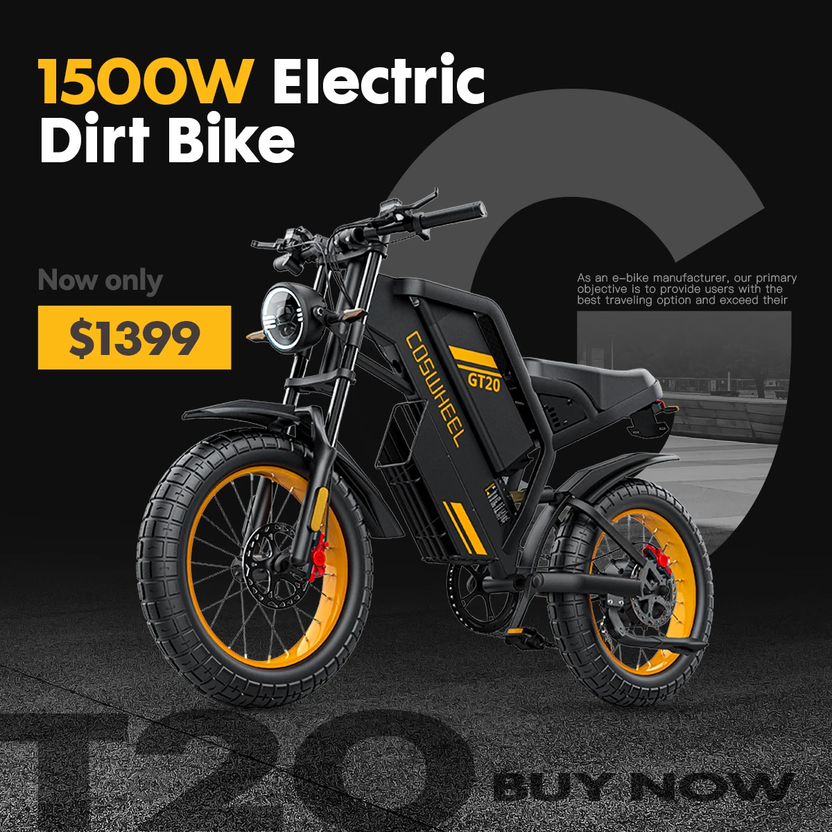 

COSWHEEL GT20 electric bicycle 2000W brushless motor60V40Ah performance E-bike battery off-road motorcycle performance