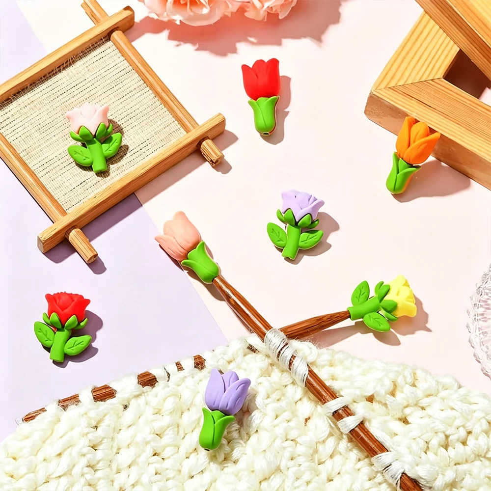 4/8pcs Tulip Flower Silicone Knitting Needle Point Protectors Knitting Needle Stoppers Needle Tip Covers DIY Handmade Woven Tool
