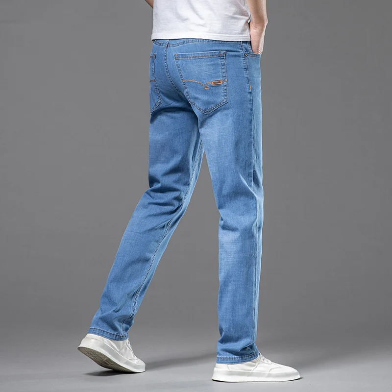 2022 Summer Brand New Men\'s Fit Straight Lightweight Cotton Stretch Jeans Classic Casual Wear Mid High Waist Slim Fit Thin Pants