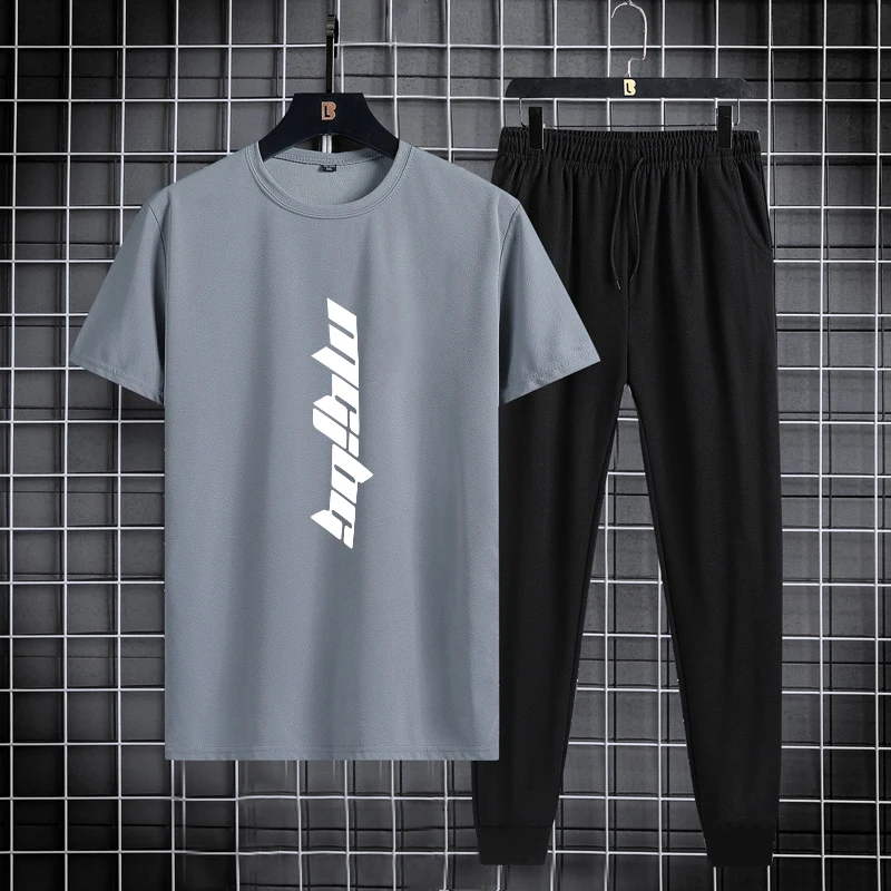 Summer new men\'s round neck quick drying casual sports and fitness breathable short sleeved+long pants set, two-piece set