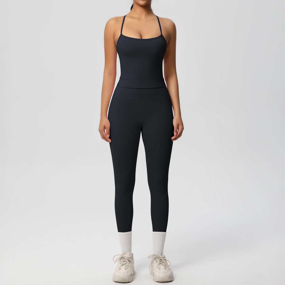 Hochelastisches, sexy, rückenfreies Yoga-Oberteil und -Hose, stoßdämpfendes Lauf-Yoga-Tanktop, einfarbige, schnell trocknende Yoga-Leggings – Detail 8