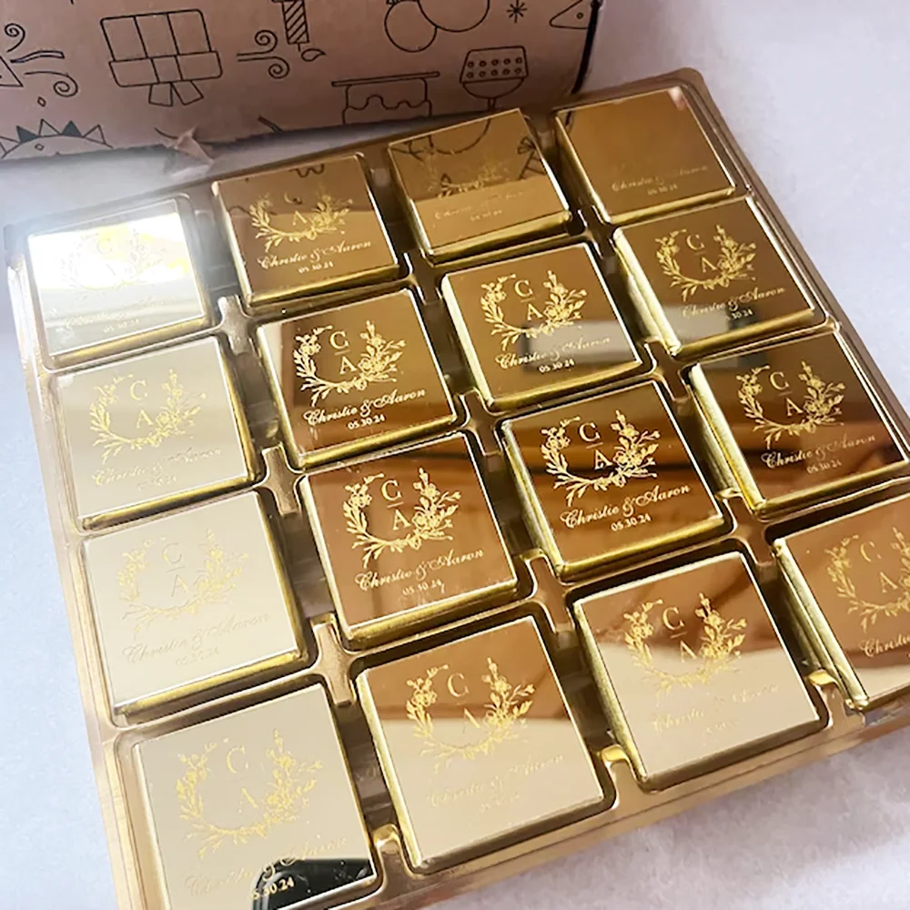 Personalized Tag Engraved Gold Mirror Acrylic Square Custom Place Cards Chocolate Sign Baby Shower Laser Cut Name Guest Gift