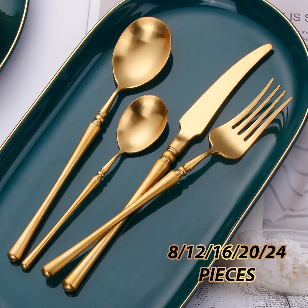 8/12/16/20/24 Pieces Luxury Antique Gold Matte Cutlery Set Stainless Steel 18/10 Wedding Gift Flatware Dinner Party Hotel Home