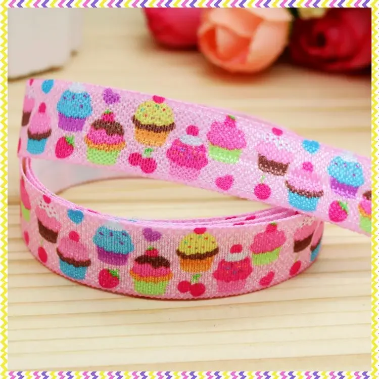 DHK 5/8'' 10yards Cake Donut Lollipop Printed Fold Elastic FOE Stretch Ribbon Decorations Craft DIY Sewing B2340