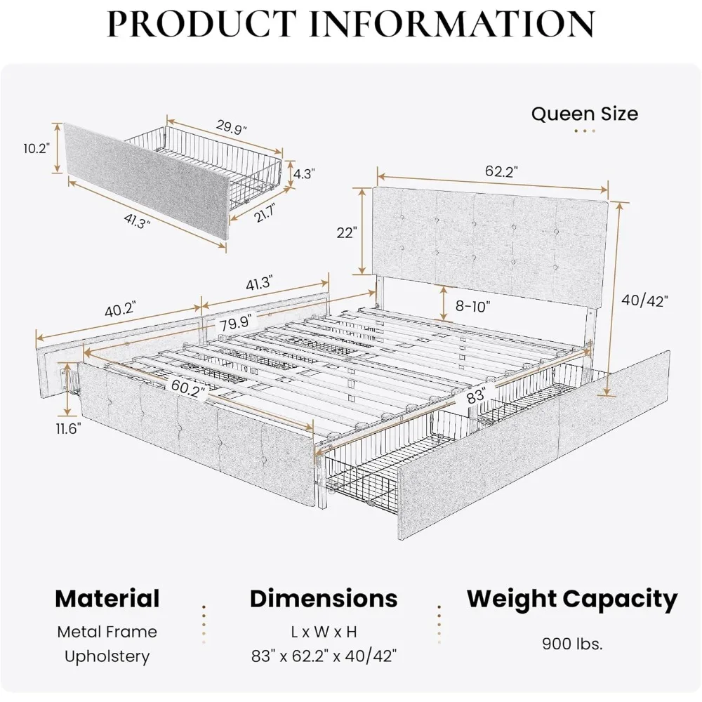 إطار سرير منجد بحجم كوين من CERLIN مع 4 أدراج تخزين، لوح رأسي قابل للتعديل مع زر مخيط مربع Tu
